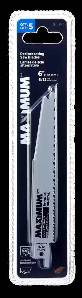MAXIMUM 6-in 6/12T Bi-Metal Reciprocating Saw Blades with Reusable Case, for Wood with Nails, 5-pk