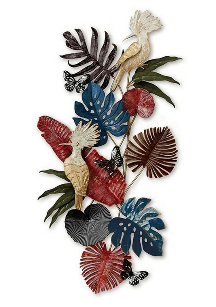 CASSIS - Décoration murale en métal oiseau et végétation tropicale 119x60x8