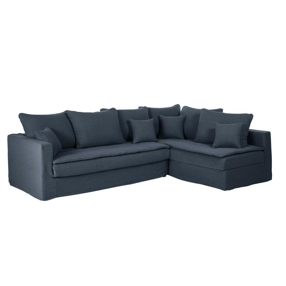 Célestin - Canapé d'angle droit 5 places en lin bleu nuit
