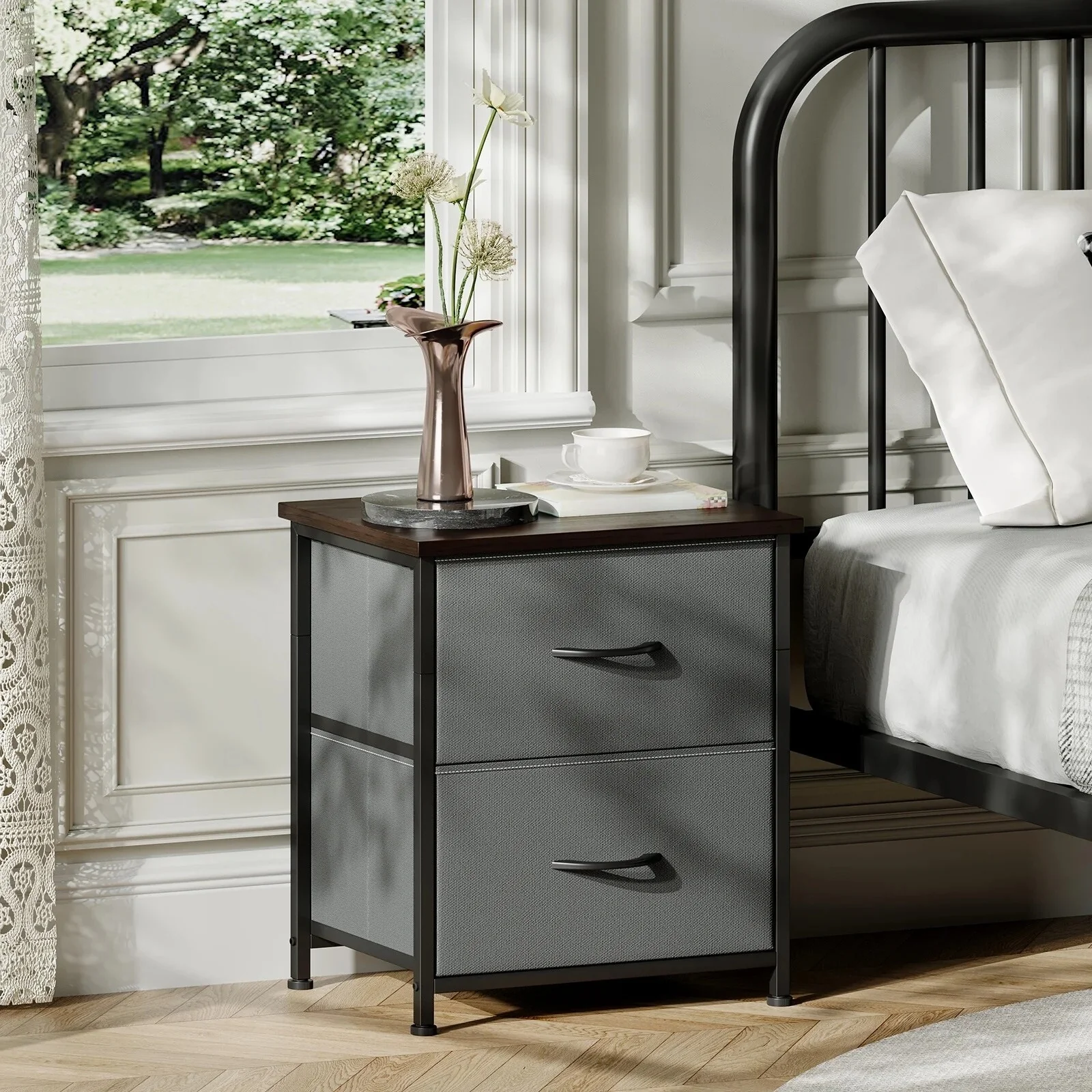 Small 2 Drawer Dresser Nightstand, Night Stand with Fabric Bins for Bedroom, Bedside Furniture, End Table for Closet, Dorm