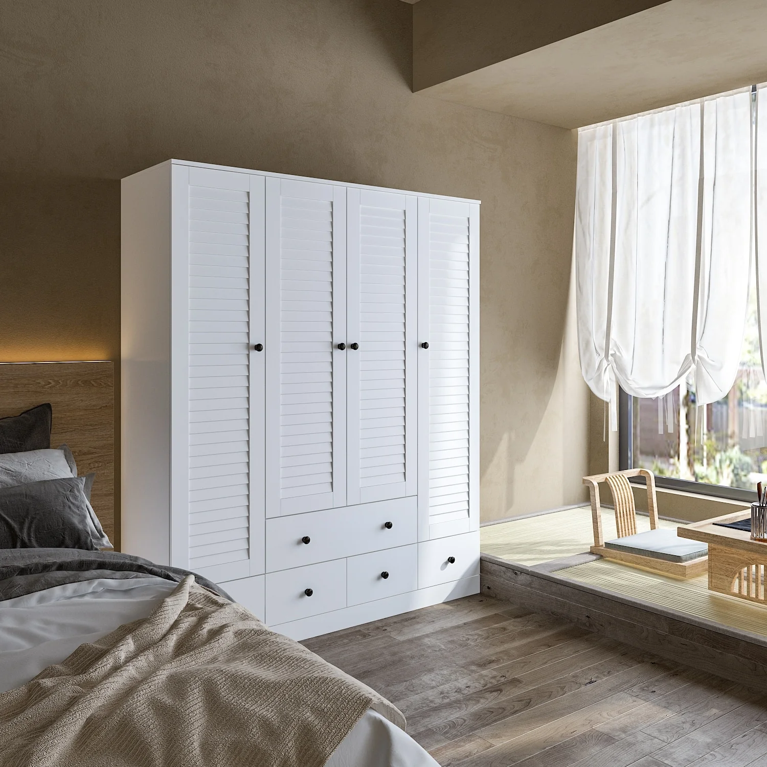 Modern 4-Door Wood Bedroom Armoire in White Closet Cabinet Wardrobe