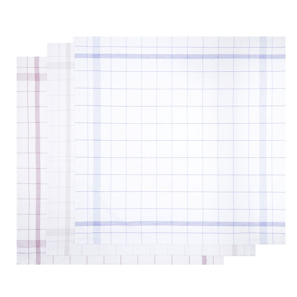Lot de 3 torchons carrés 70x70cm coton et lin quadrillé blanc