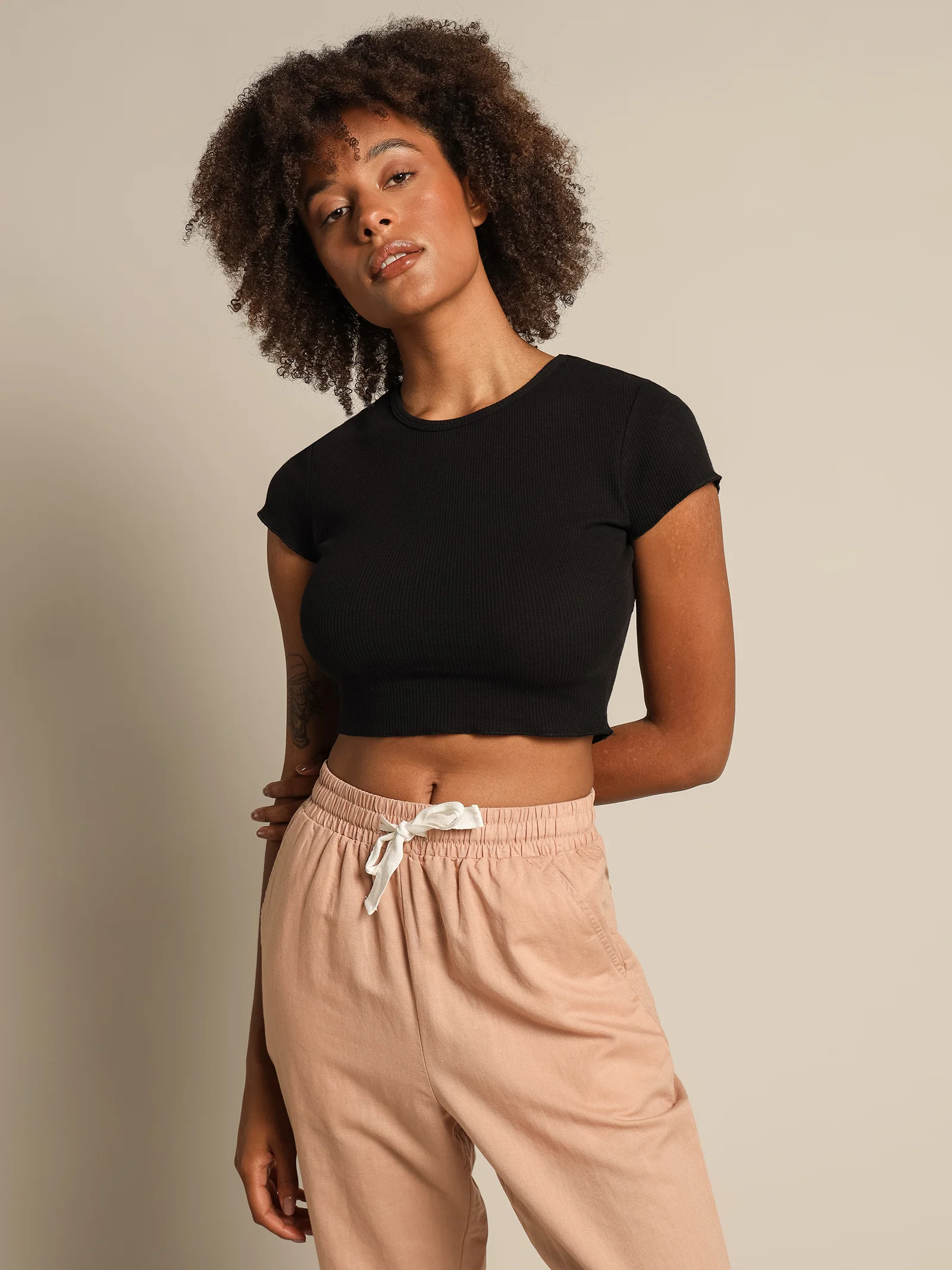 Cameron Basic Waffle Crop T-Shirt