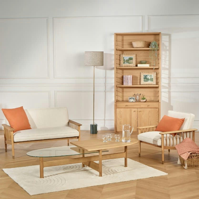 VANCOUVER - Table basse ovale design chêne massif et verre double plateau