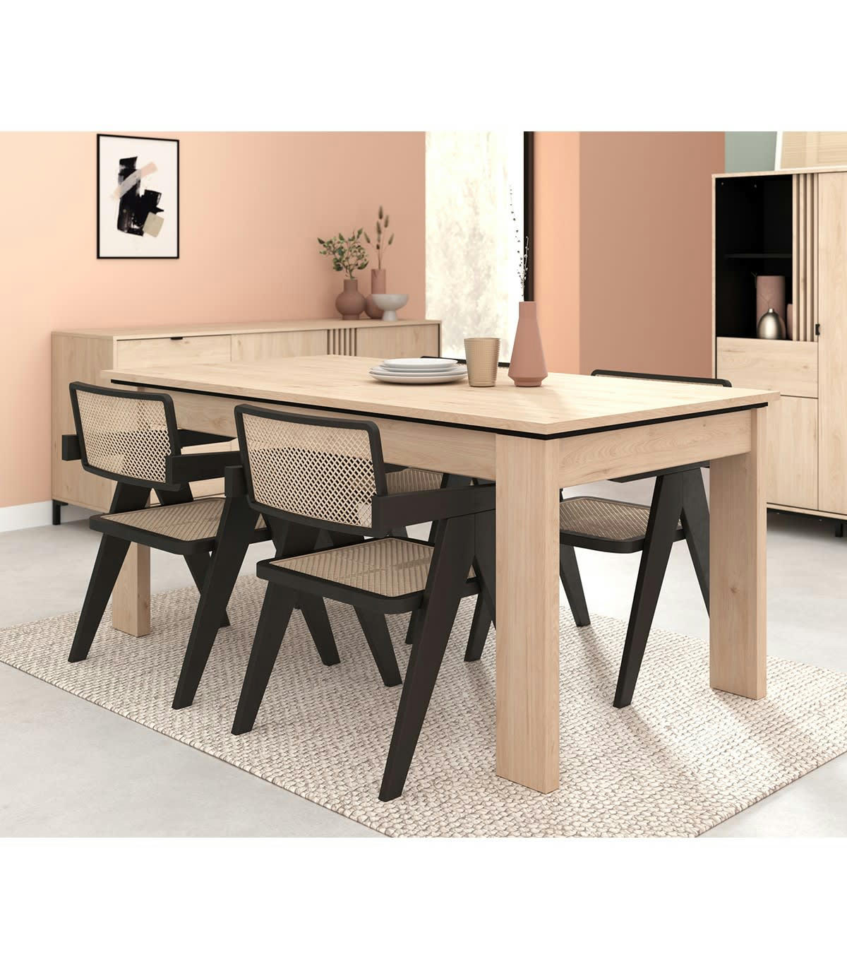 LEIKO - Table à Manger Extensible  L180-215 cm - Décor chêne et noir