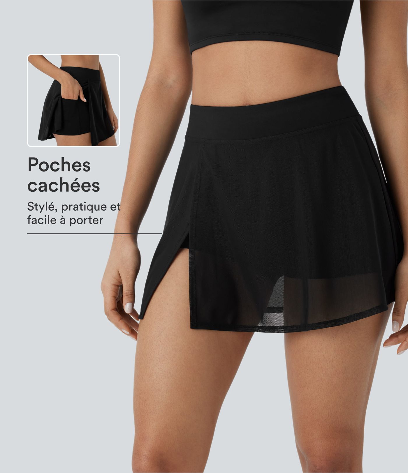 Mini-jupe de yoga taille haute avec short intégré, poches latérales et empiècements en maille contrastée avec fentes
