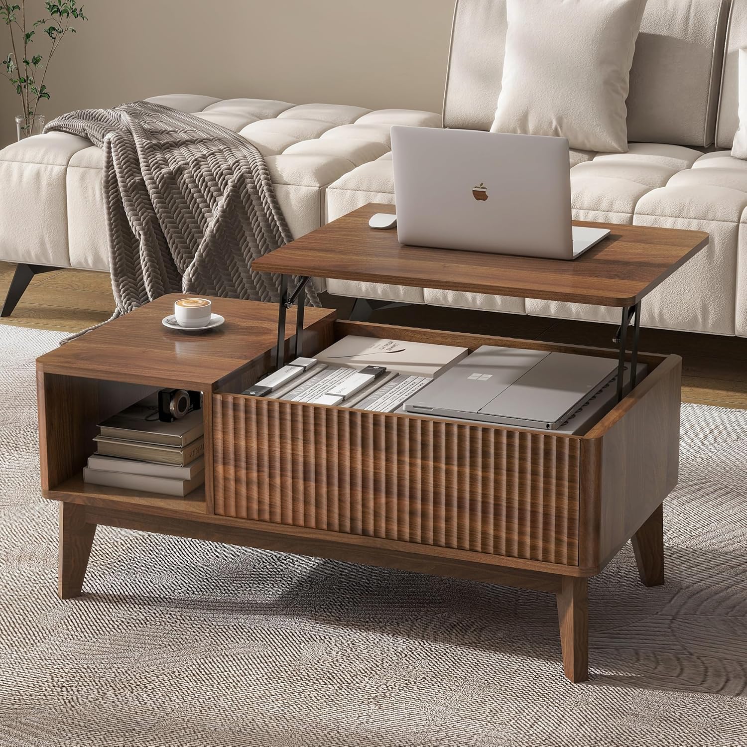 LYNCOHOME Fluted Lift Top Coffee Table with Storage, Modern Coffee Table for Living Room, Home Office（Walnut）