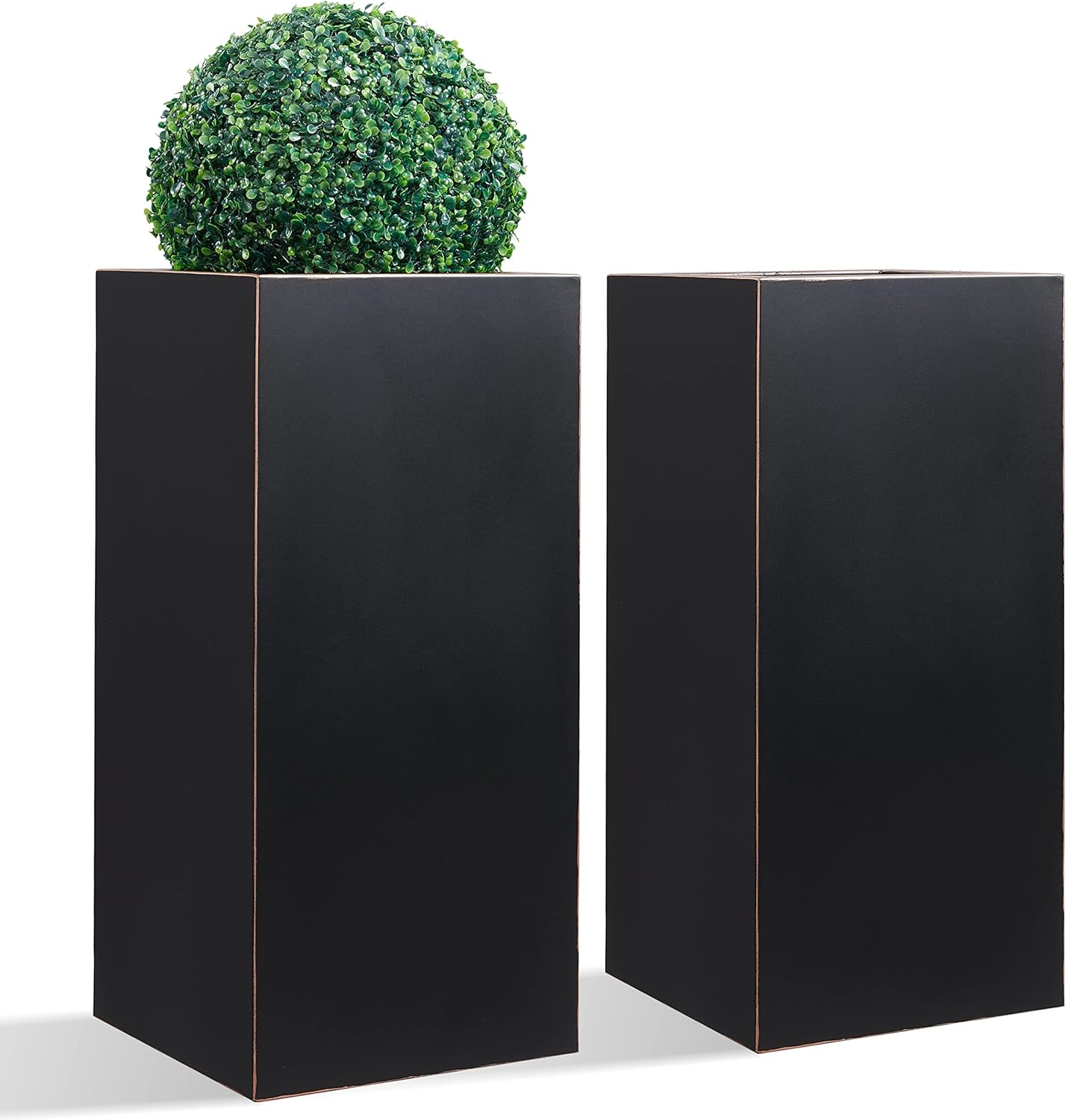 Wallowa Metallic Heavy Planter for Outdoor Plants  14Lx14Wx30H Inches  Tall Metal Planter Box with Hand Brushed Gold Edge for Outside & Indoor  25 Pounds  No Assembly and Seamless  Set of 2 (Black)