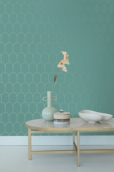 ESTAhome papier peint art déco bleu canard et or 53 cm x 10.05 m