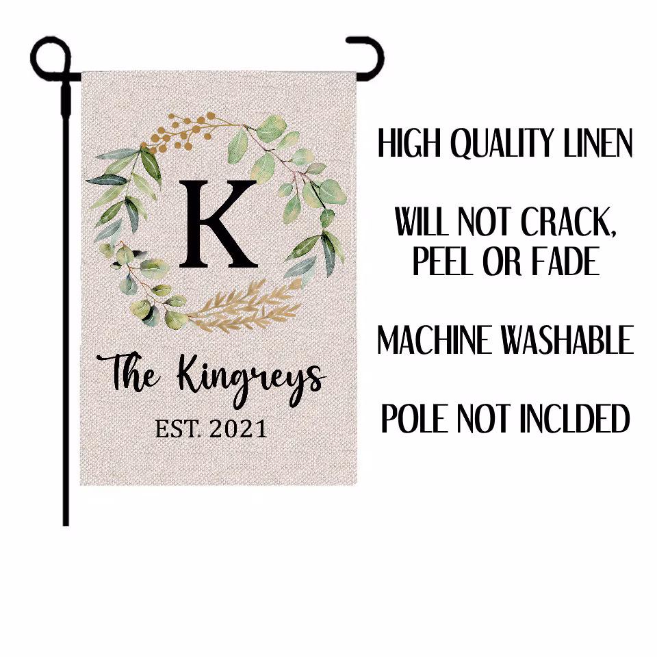 Personalized Leaf Wreath Monogram Name Large Garden Flag - New Home, Housewarming Gift - Welcome Farmhouse Decor Linen Flags