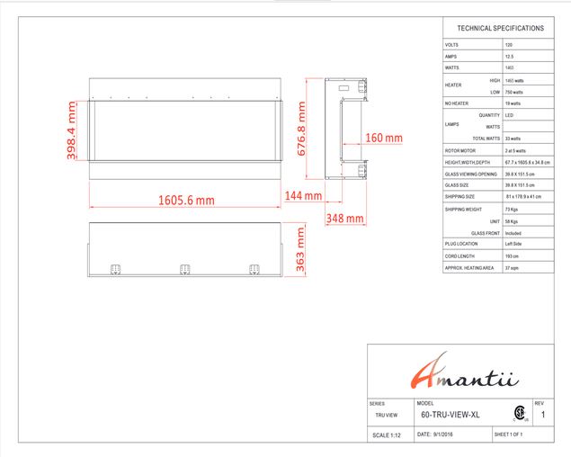Amantii Smart 60" 3 sided glass electric fireplace Built-in only