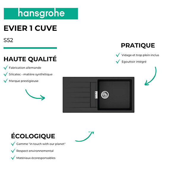 Evier 1 bac 980 HANSGROHE S52 synthèse noir   robinet de cuisine HANSGROHE Vernis Blend M35 210 noir mat