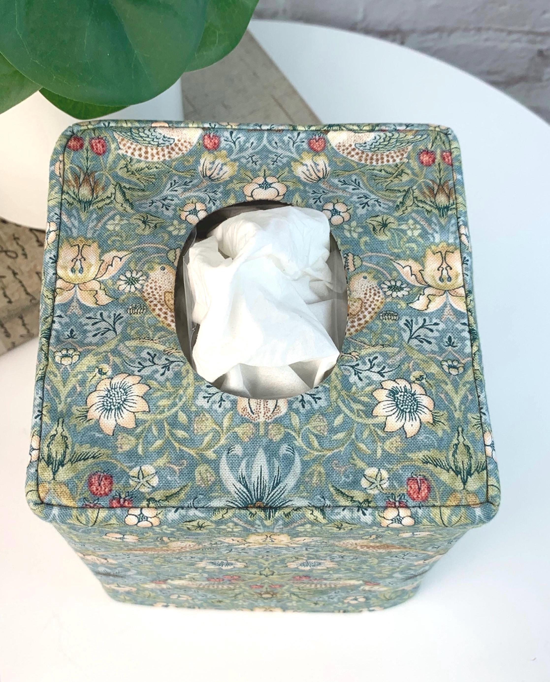 William Morris Strawberry Thief Aqua Tissue Box Cover | Reversible Fabric Floral Bird Decor | Handmade Cottage Home USA
