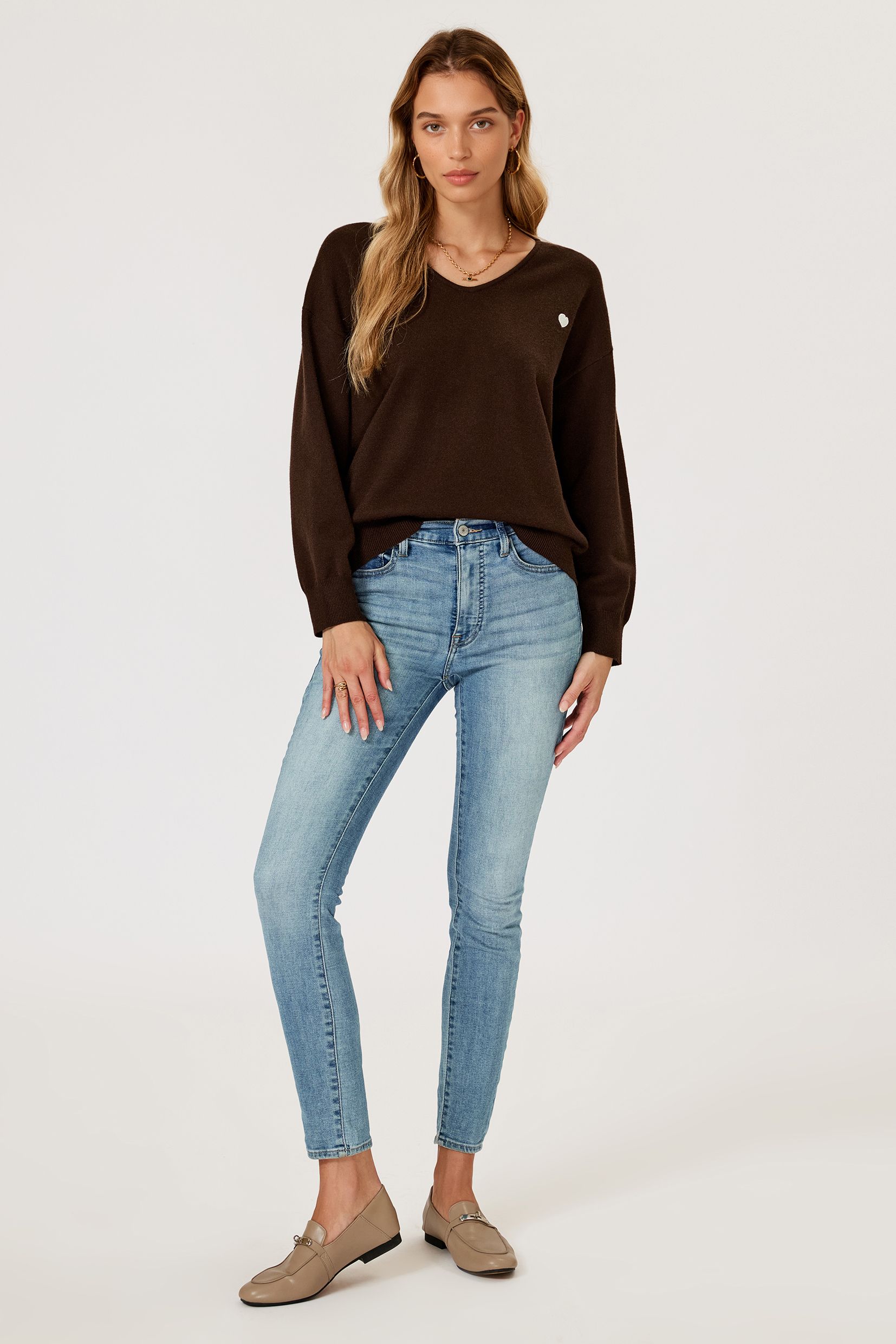 FS Collection Heart Embroidered Knit Jumper Top In Brown