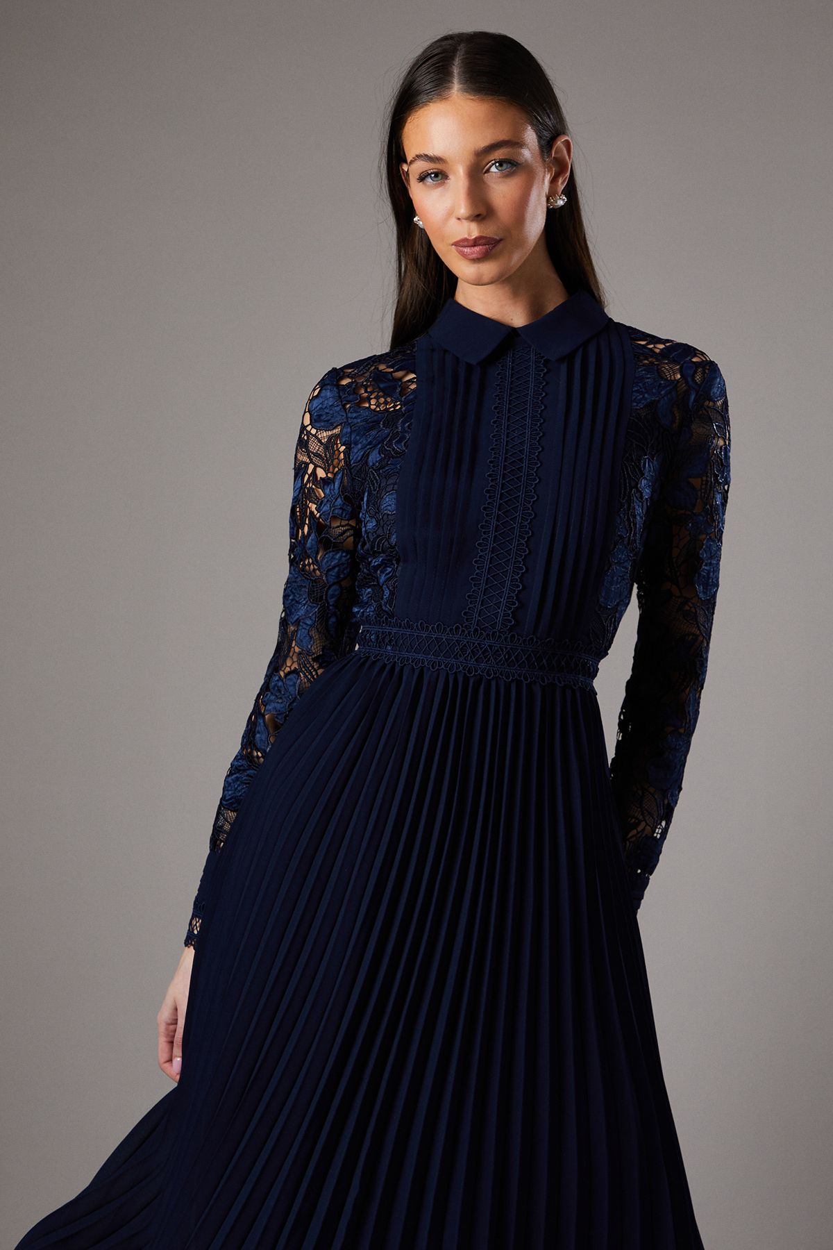 Coast Long Sleeve Lace and Pleated Midi Shirt Dress