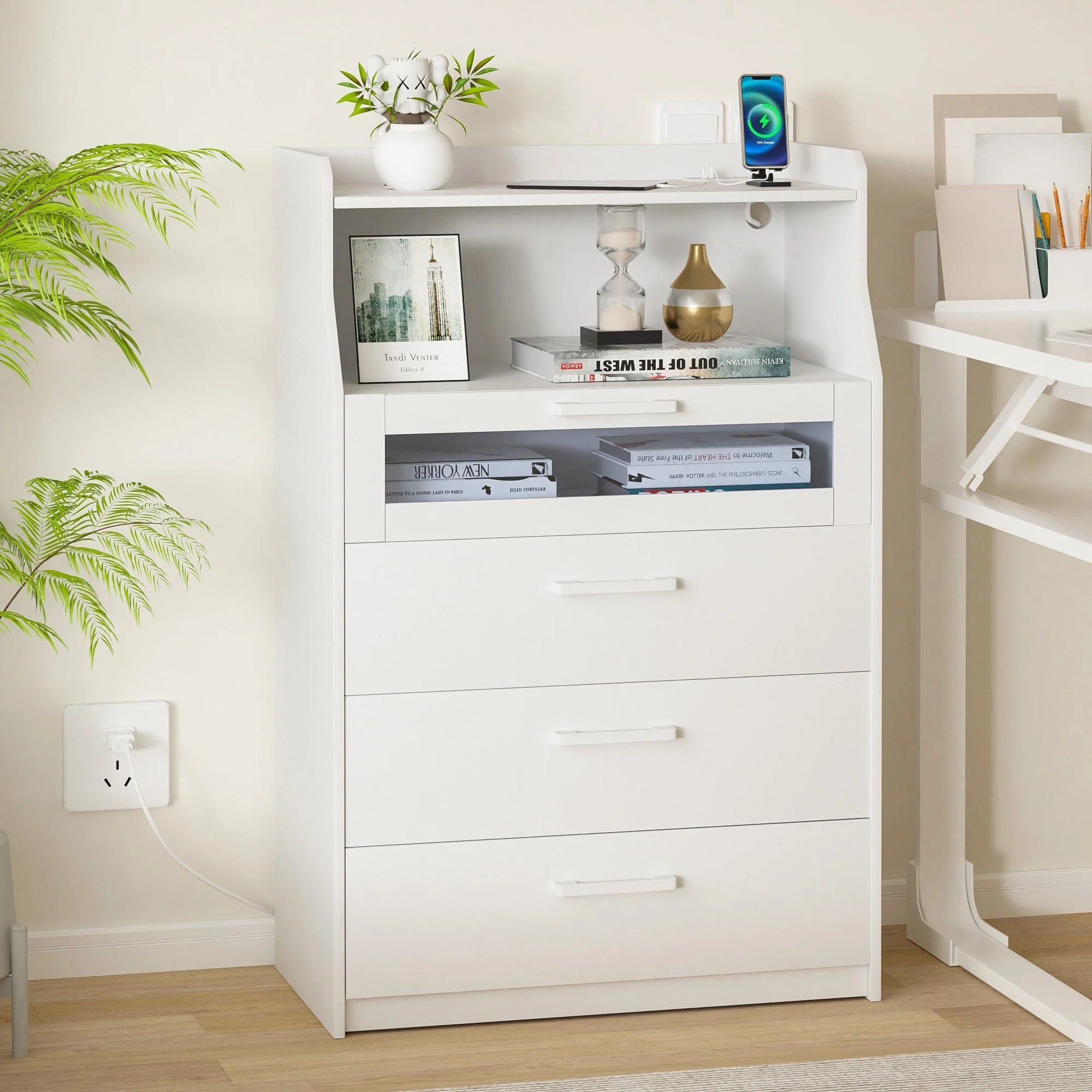 VECELO Dresser with Adjustable LED Lights & Power Outlet Chest of 4 Drawers with Raised Edge and Large Storage Capacity