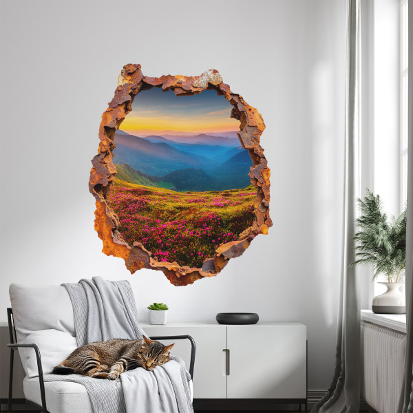 Naklejka wyrwa w ścianie kwiatowe góry dziura 3D 66x80
