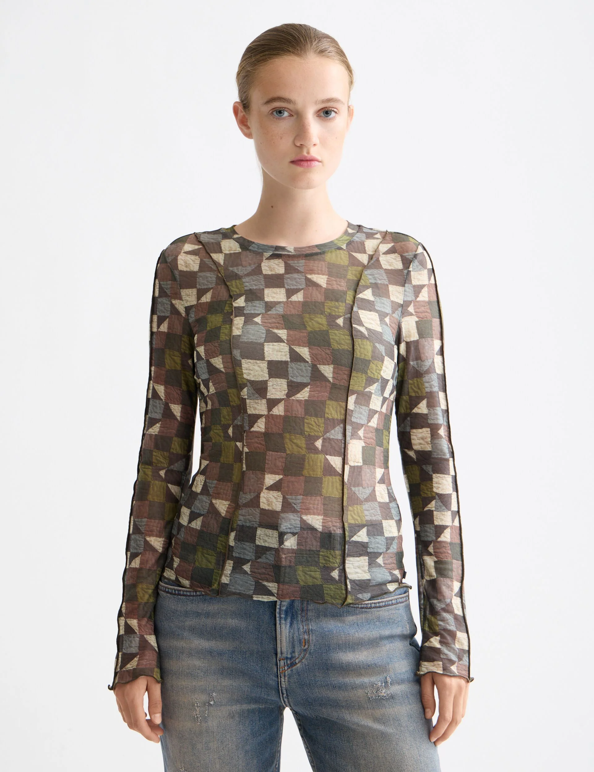 All over printed mesh long sleeve T-shirt