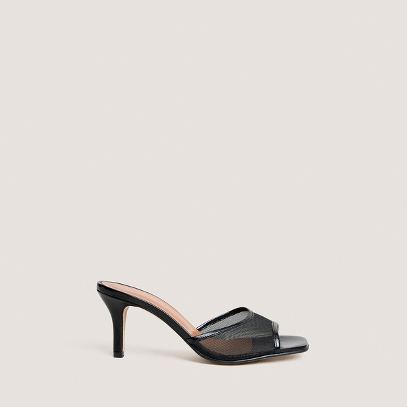 Mules à talonsen cuir brillant noir et résille noire | VAV