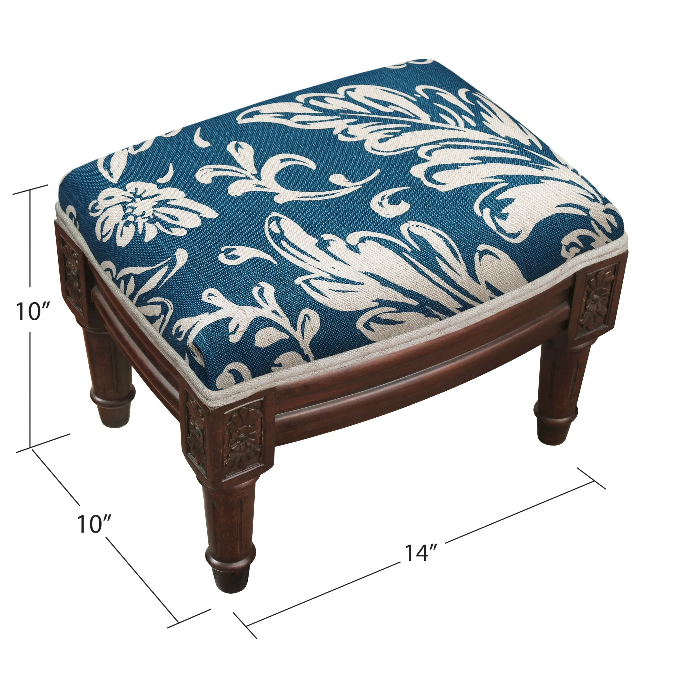 Navy Blue Tuscan Floral Footstool with wood stained finish