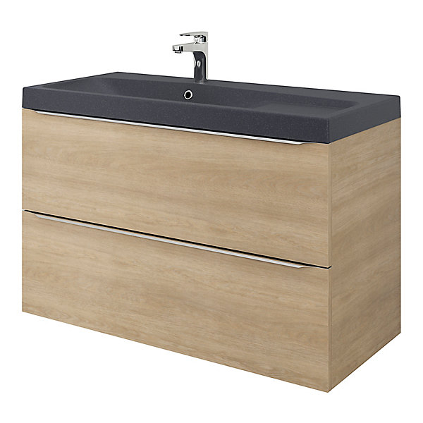 Meuble vasque suspendu effet chêne l.100 cm Imandra   plan vasque noir résine Mila, GoodHome