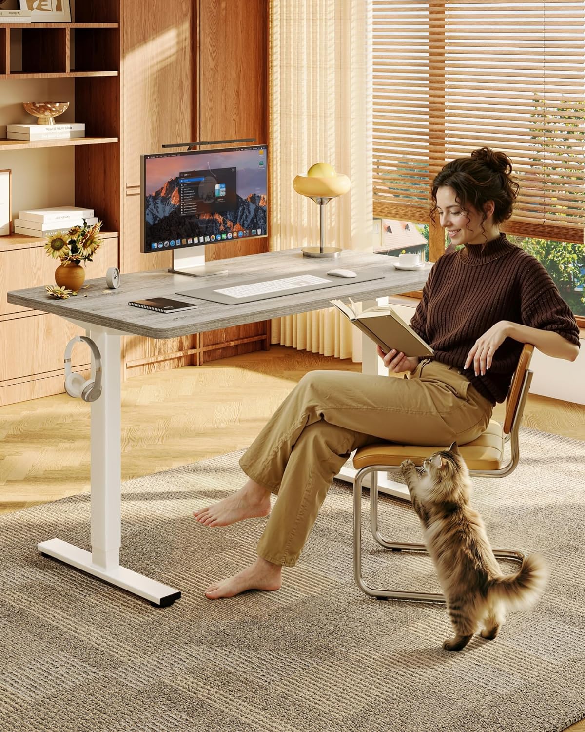 FLEXISPOT EN1 One-Piece Standing Desk with 1-Inch Thick Seamless Desktop, 48x24 Electric Height Adjustable Desk for Home Office, Multi-Monitor Setups & Easy Assembly, Gray Wood