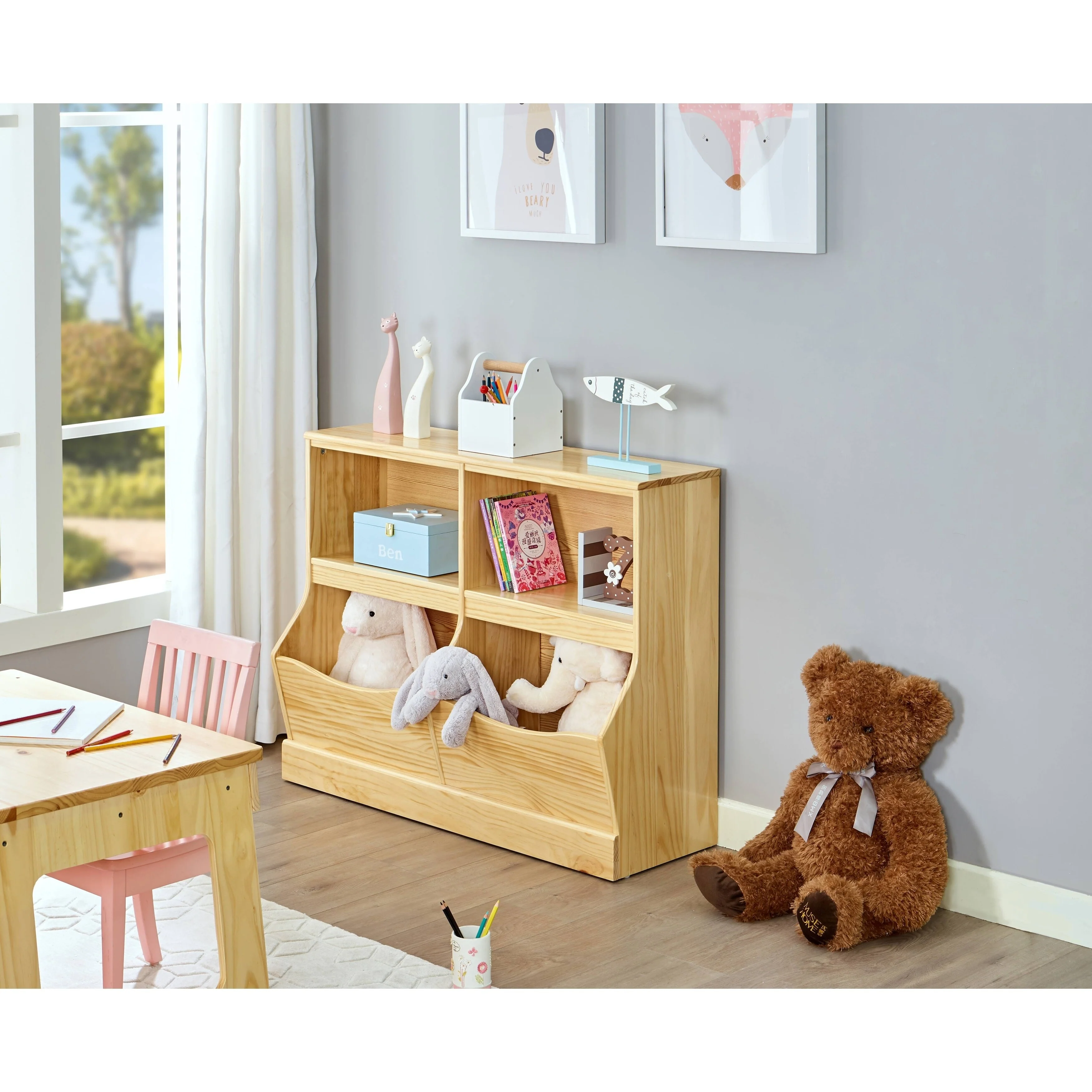 MUSEHOMEINC Wood Toy Storage with 4 Cabinet, Open Toy Storage Shelf, Multi-Bin Organizer Cabinet, Bookcase for Children Bedroom