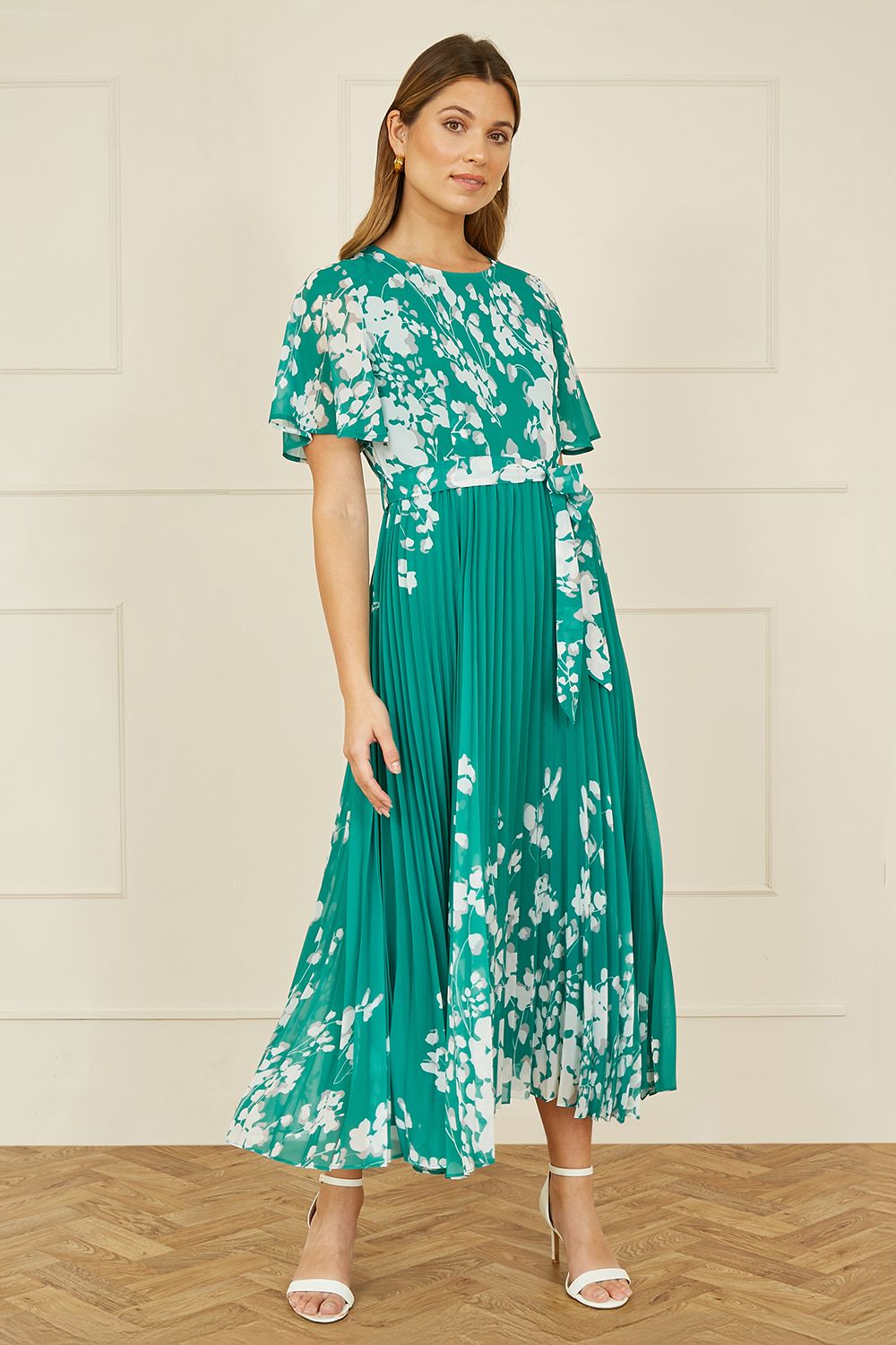 Yumi Ivory Floral Mirror Pleated Midi Dress