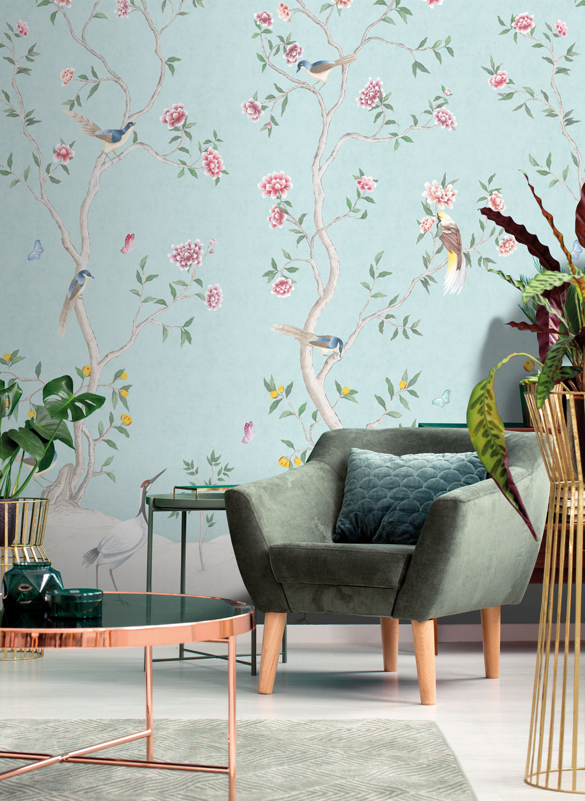 Sanders & Sanders fotobehang bloemen en vogels lichtblauw - 159 x 280 cm - 640213