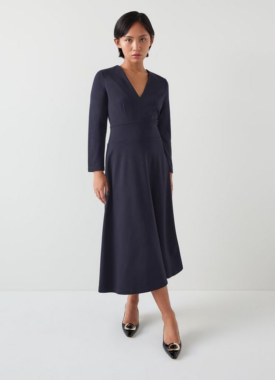 Lauren Petite Navy V-Neck LENZING? ECOVERO? Viscose Ponte Midi Dress