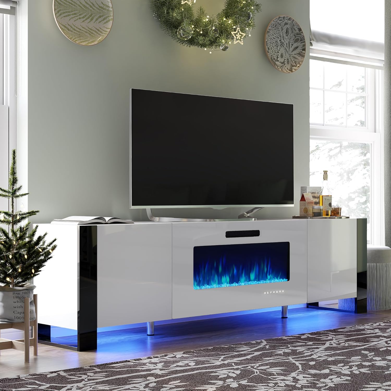 VanAcc 70 Fireplace TV Stand with 36 Electric Fireplace, High Gloss Entertainment Center with LED Lights, Modern Entertainment Stand for TVs up to 80, White