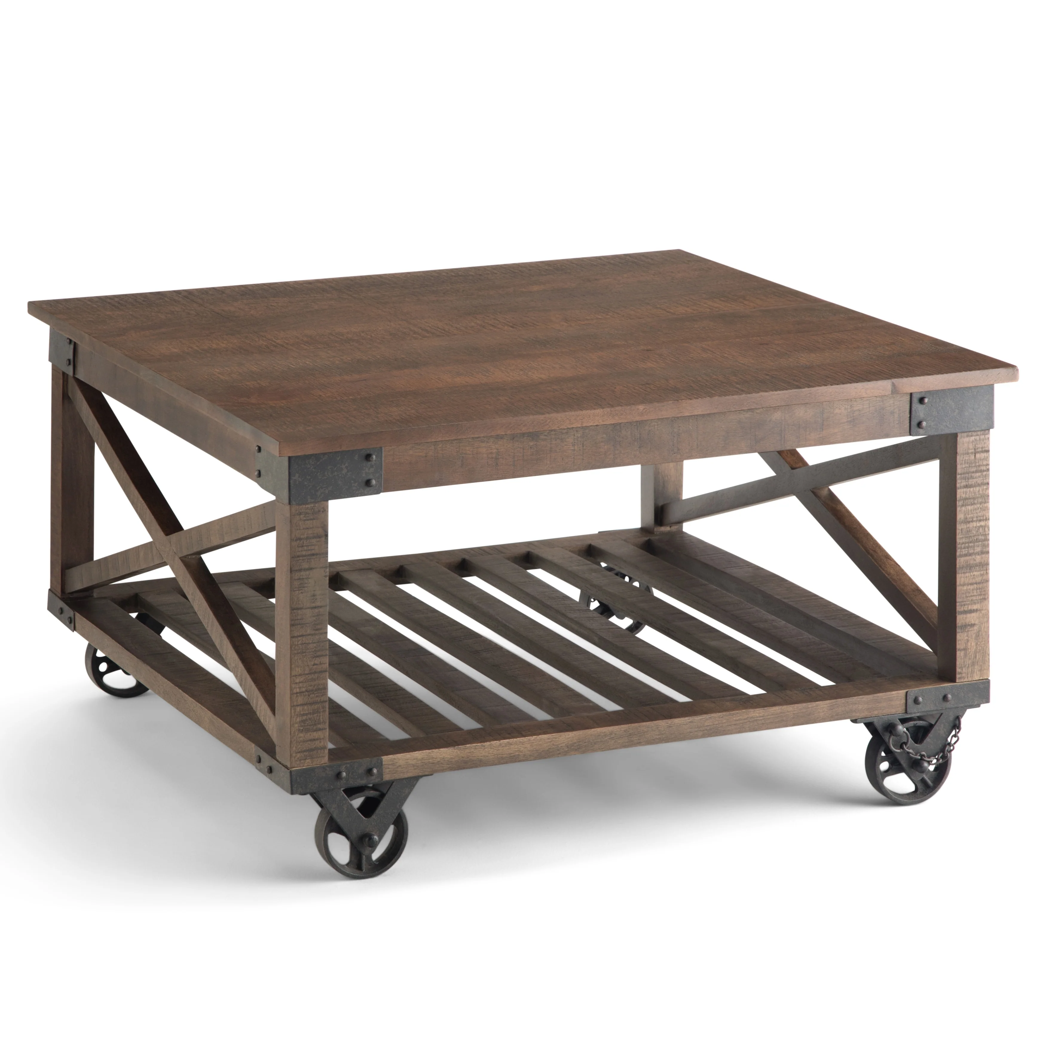 WYNDENHALL Barrie SOLID MANGO WOOD and Metal 32 inch Wide Square Industrial Coffee Table in Distressed Dark Brown - 32 x 32 x 18