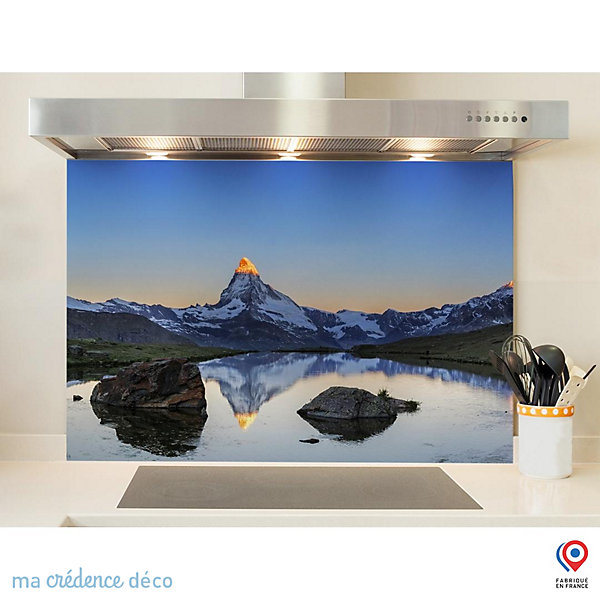 Crédence cuisine fond de hotte Lac de haute montagne, Alpes - Verre trempé - L 90 cm x H 50 cm - MaCrédenceDéco