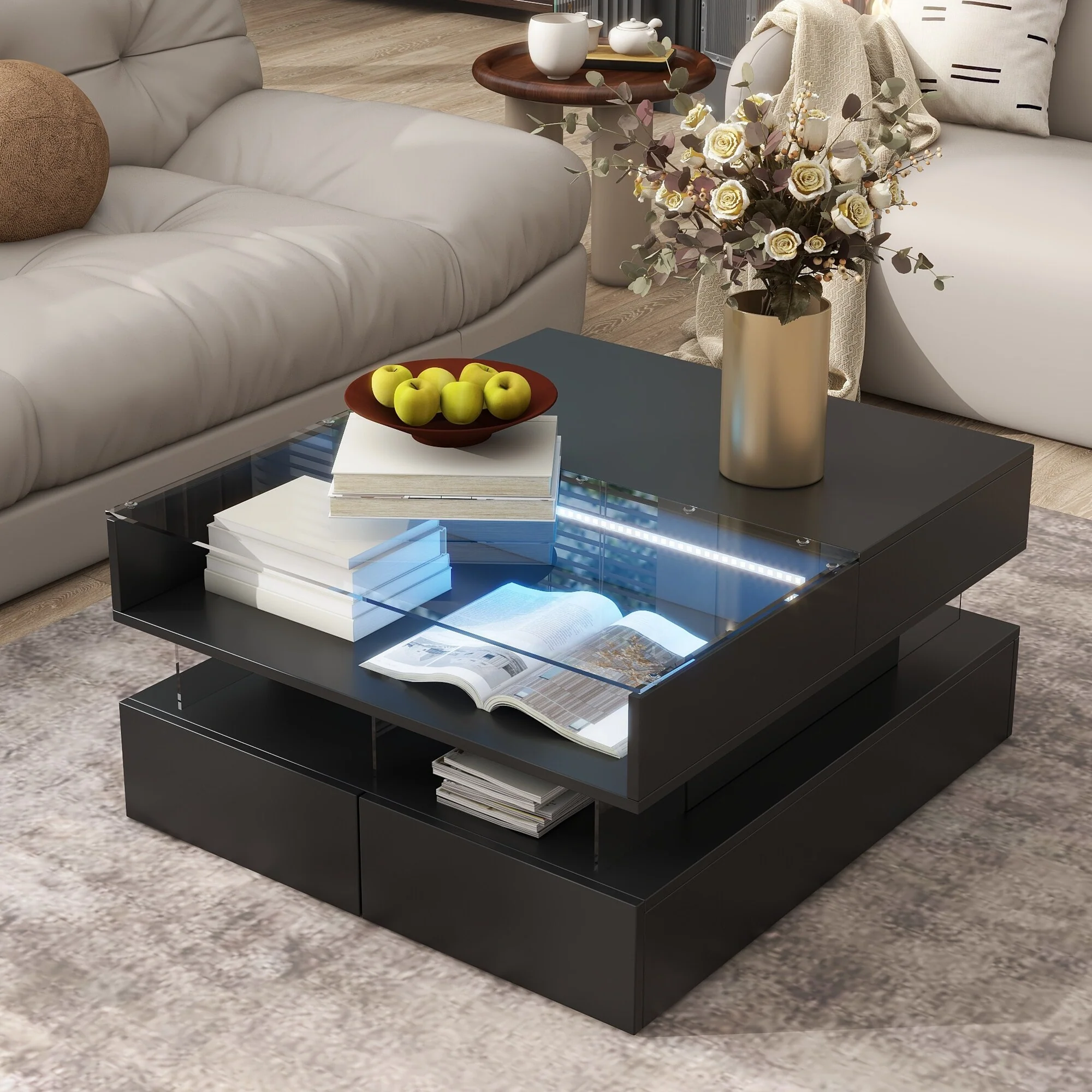 Lift-Top Coffee Table with 2 Drawers, Modern Square Coffee Table with Glass Top and High-Gloss Finish