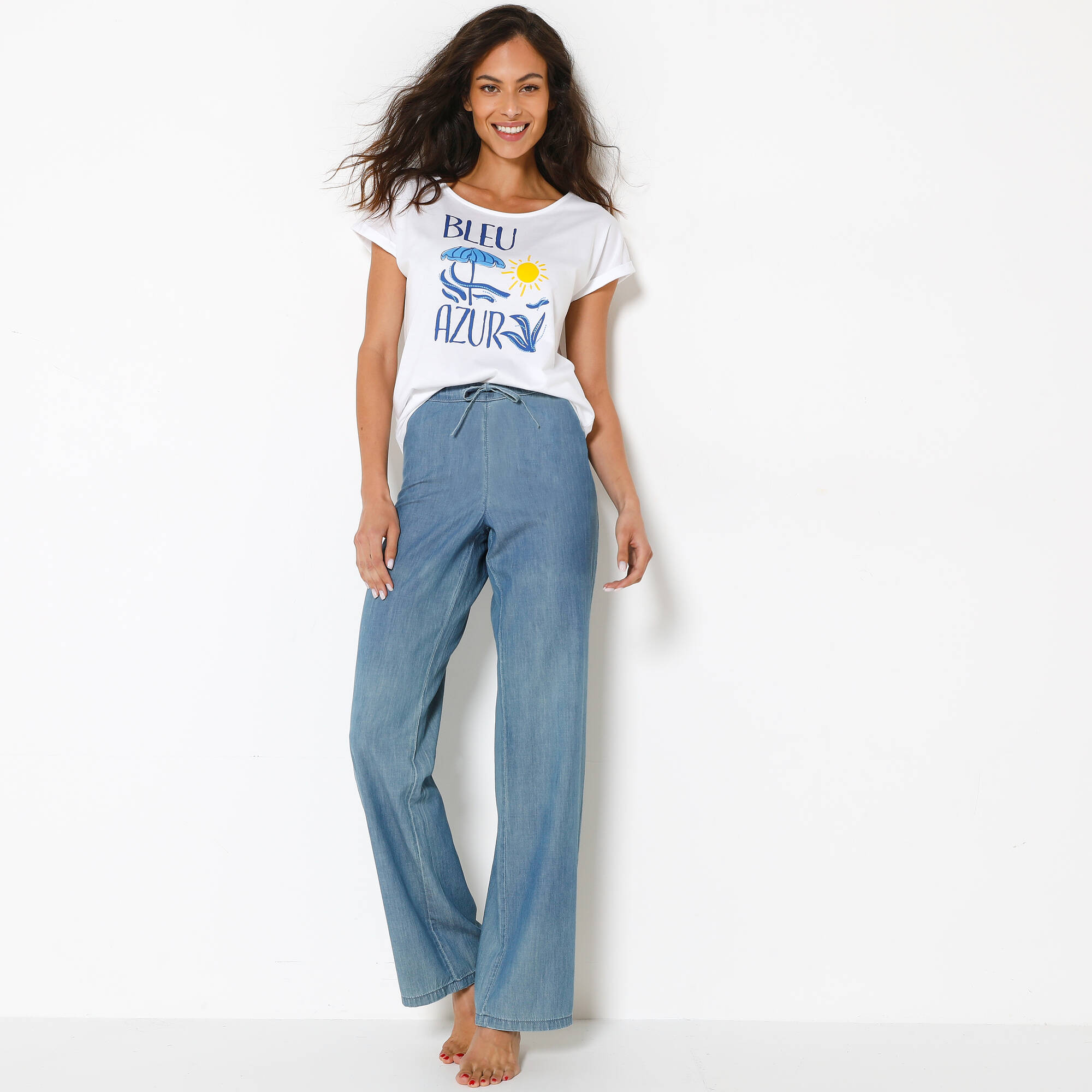T-shirt col rond manches courtes, imprimé placé "Bleu azur"