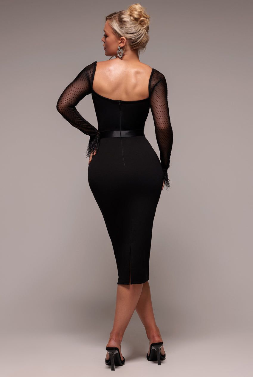 Goddiva Dobby Mesh Feather Sleeve Bodycon Midi Dress