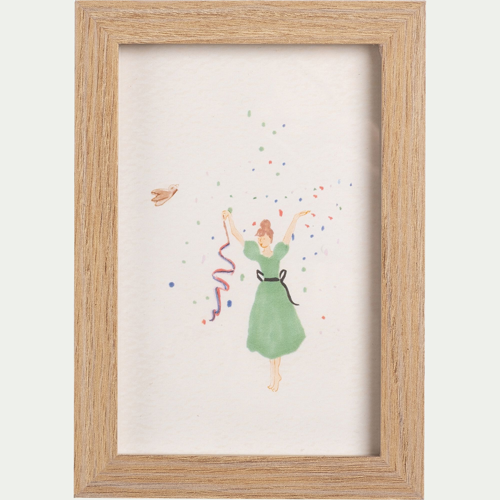 SARAH - Illustration encadrée motif Sarah en robe verte 12x17cm - bois clair
