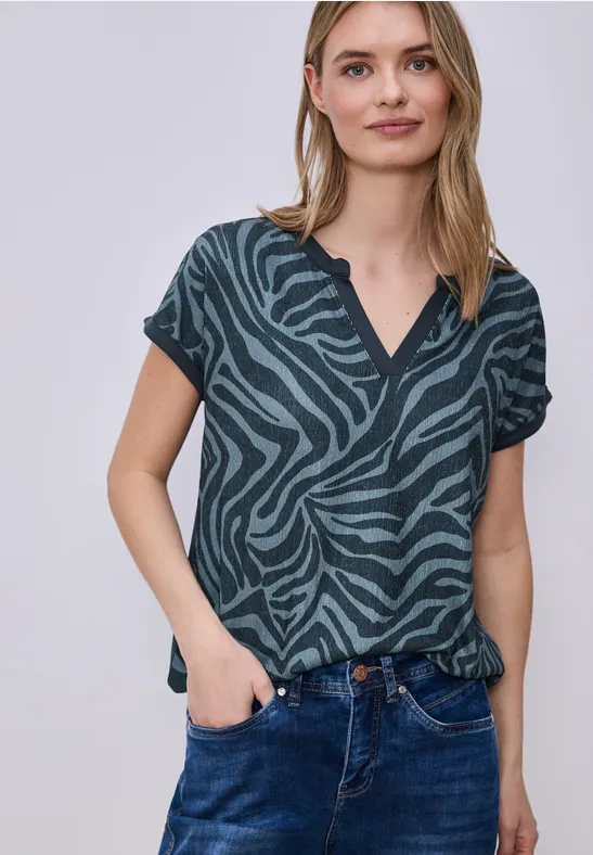 T-Shirt mit Split Neck und Elastiksaum