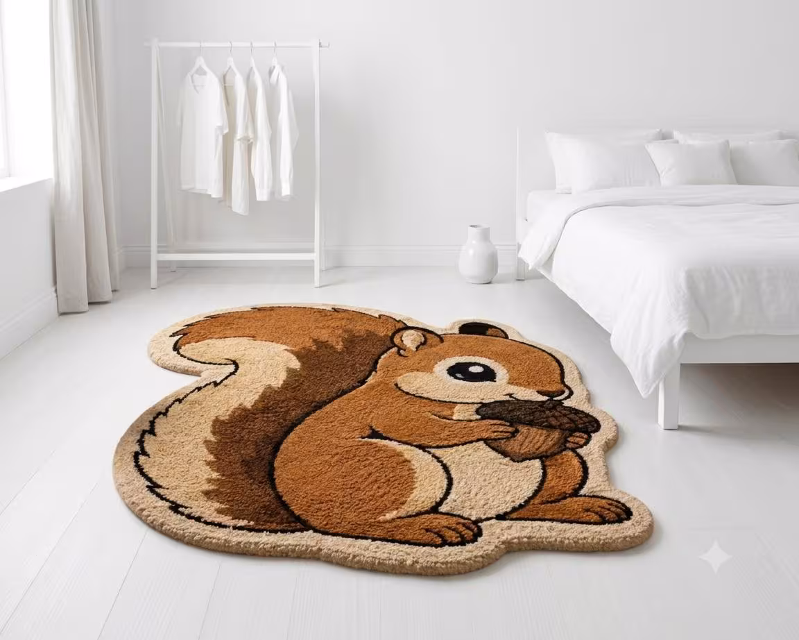 Squirrel Acorn Tufted Wool Rug, Woodland Nursery Decor Carpet