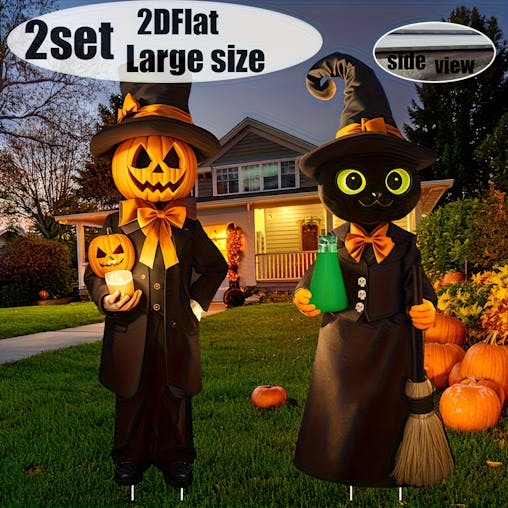 NNETM Halloween Yard Pumpkin Gentleman & Black Cat Witch