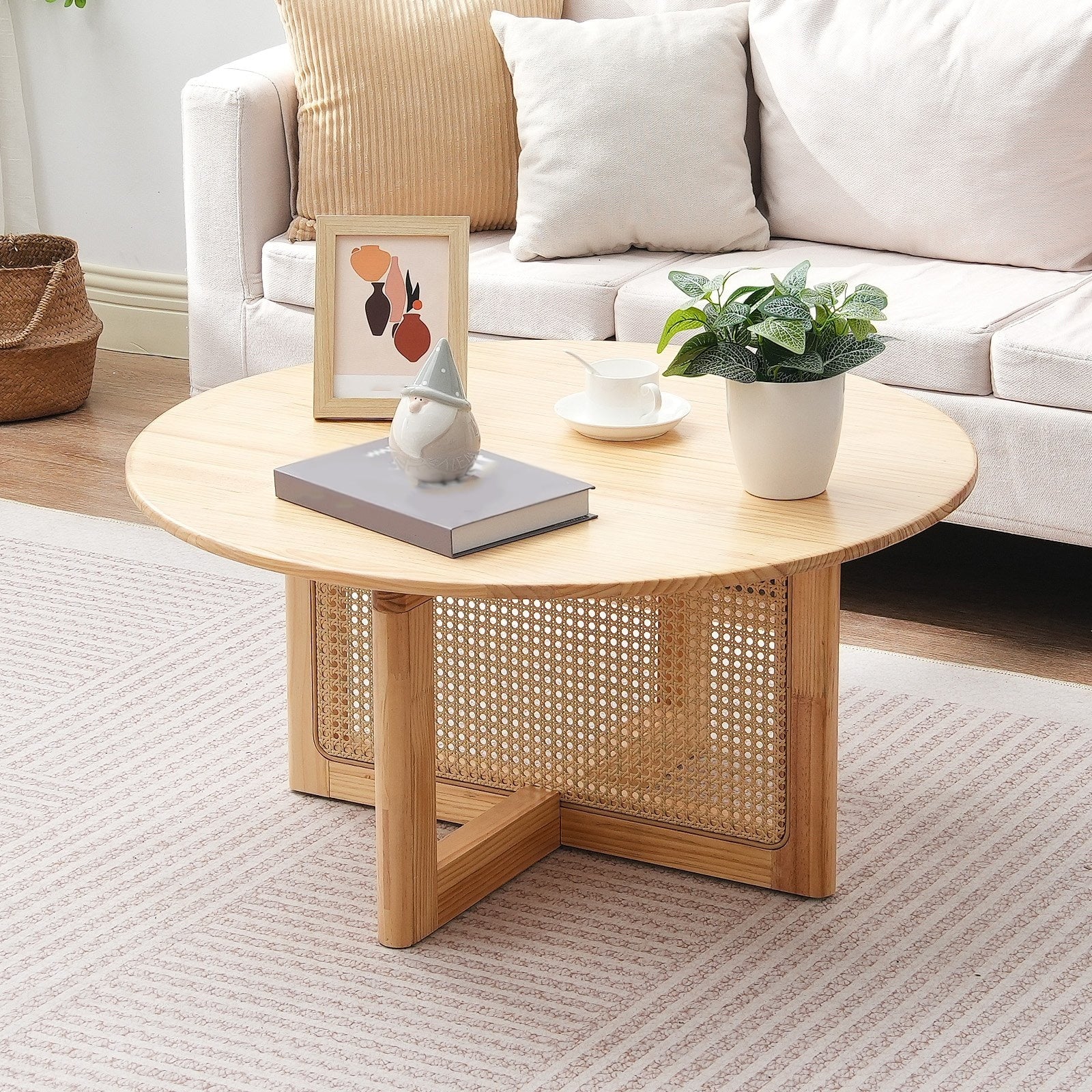 Natural Round Rattan Woven Coffee Table with Rubber Wood Base Suitable for Any Room - 33.5 x 33.5 x 16.5 in