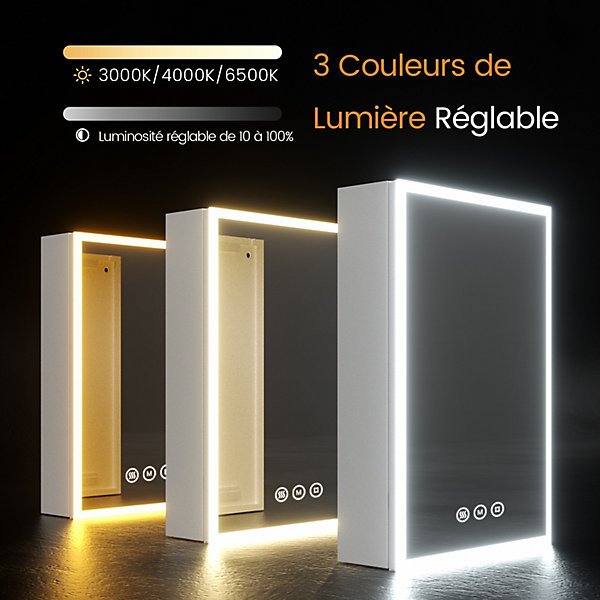 EMKE Armoire de Toilette LED 50x70cm, Miroir Salle de Bains avec éclairage 3 Couleurs, Anti-Buée, Prise Intégrée