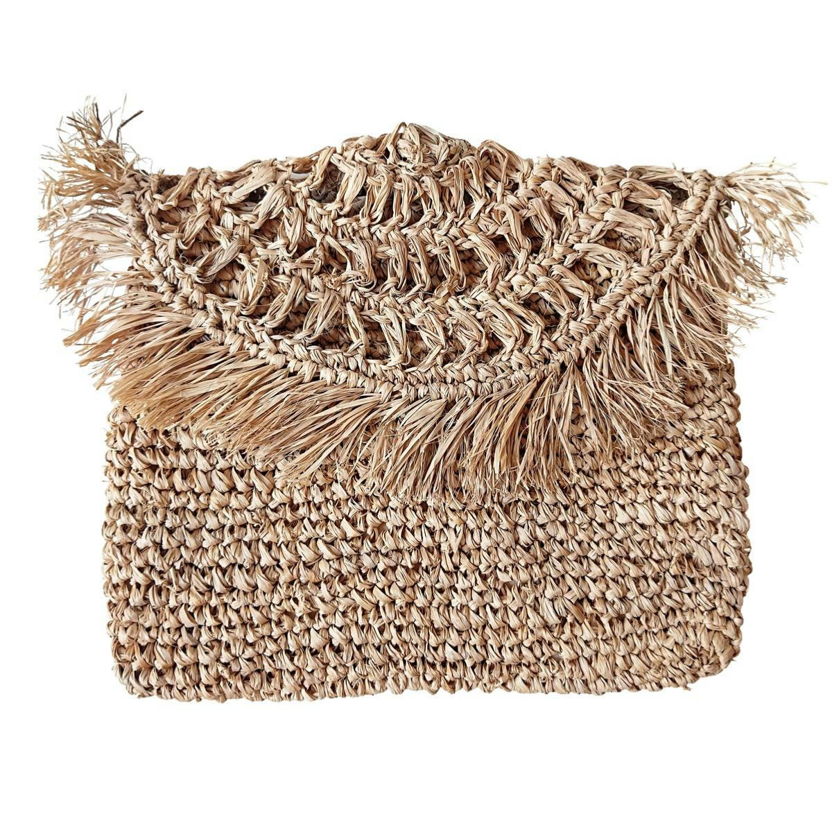 BONA - Pochette chic en raphia avec frange, beige
