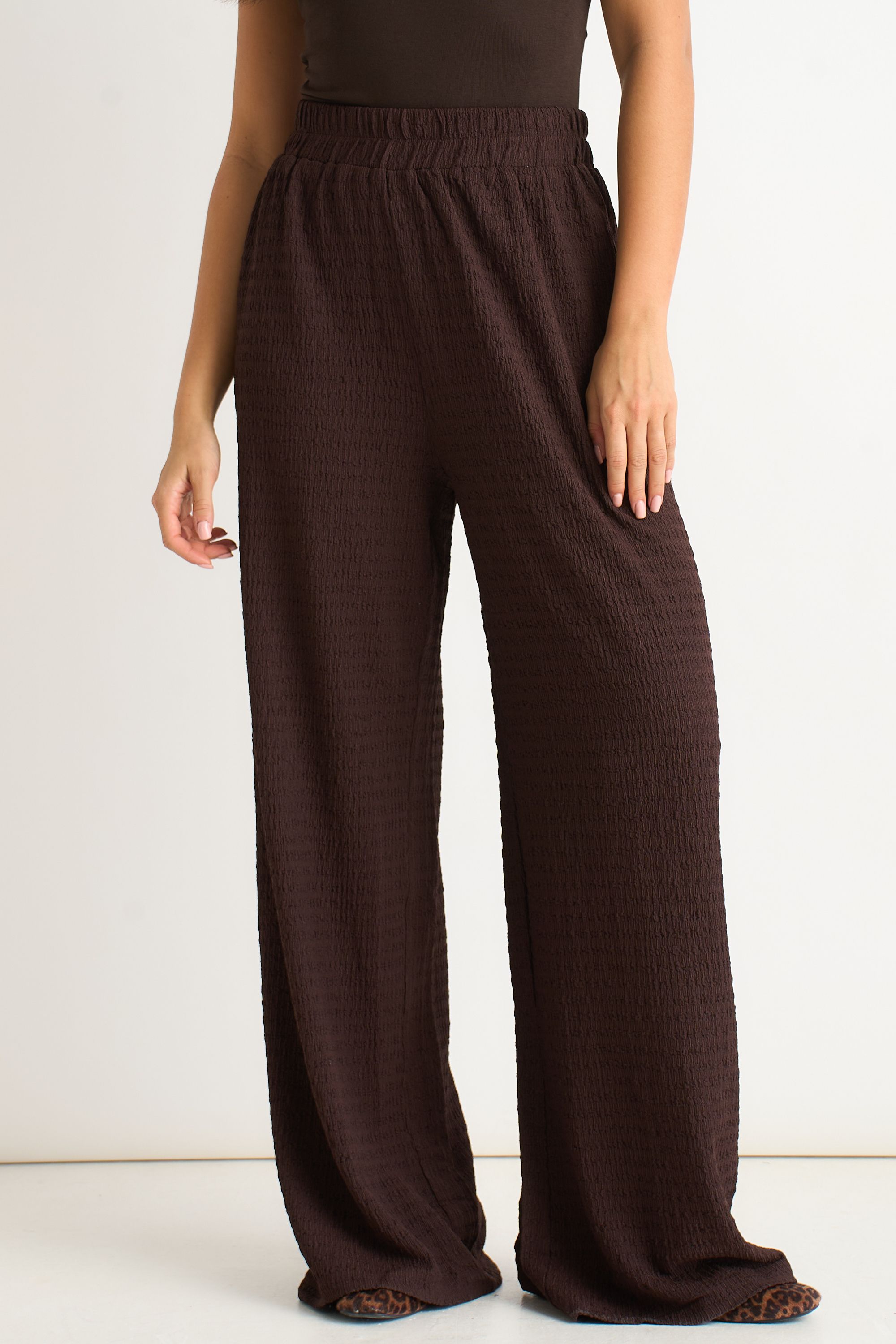 Gini London Chocolate Textured Elastic Waist Pull On Trousers