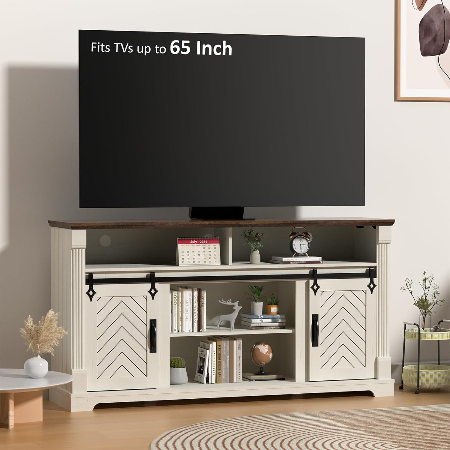 Minifeel Farmhouse TV Stand for 65+ Inch TV, 31 Tall Entertainment Center with Sliding Barn Door, Rustic TV Stands for Bedroom with Adjustable Shelf, Wooden TV Consoles for Living Room, Antique White