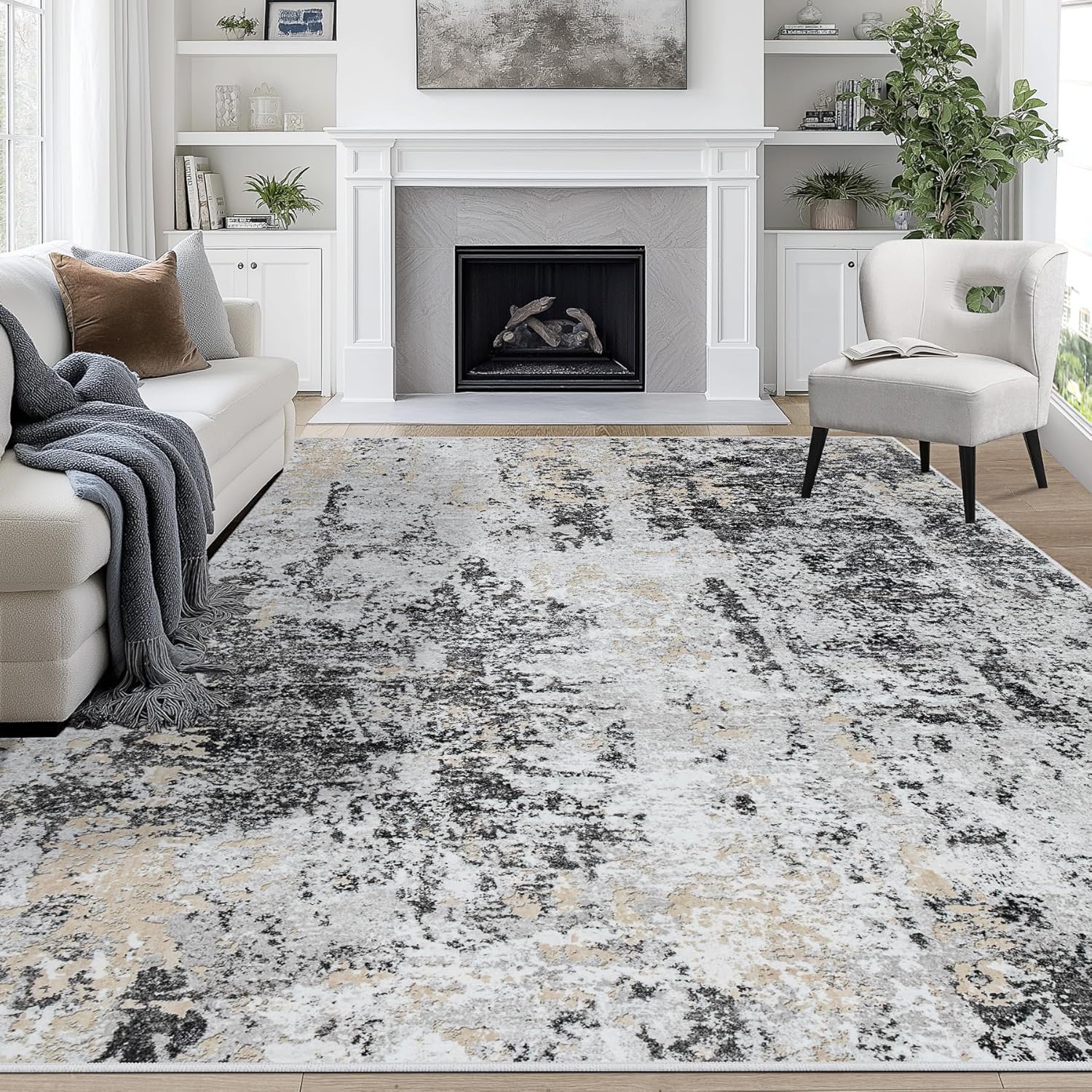 9x12 Area Rugs for Living Room Rug Washable: Abstract Large Rug for Dining Room Bedroom Carpet Non Slip 9 by 12 Indoor Modern Nursery Home Office Black Grey Gold