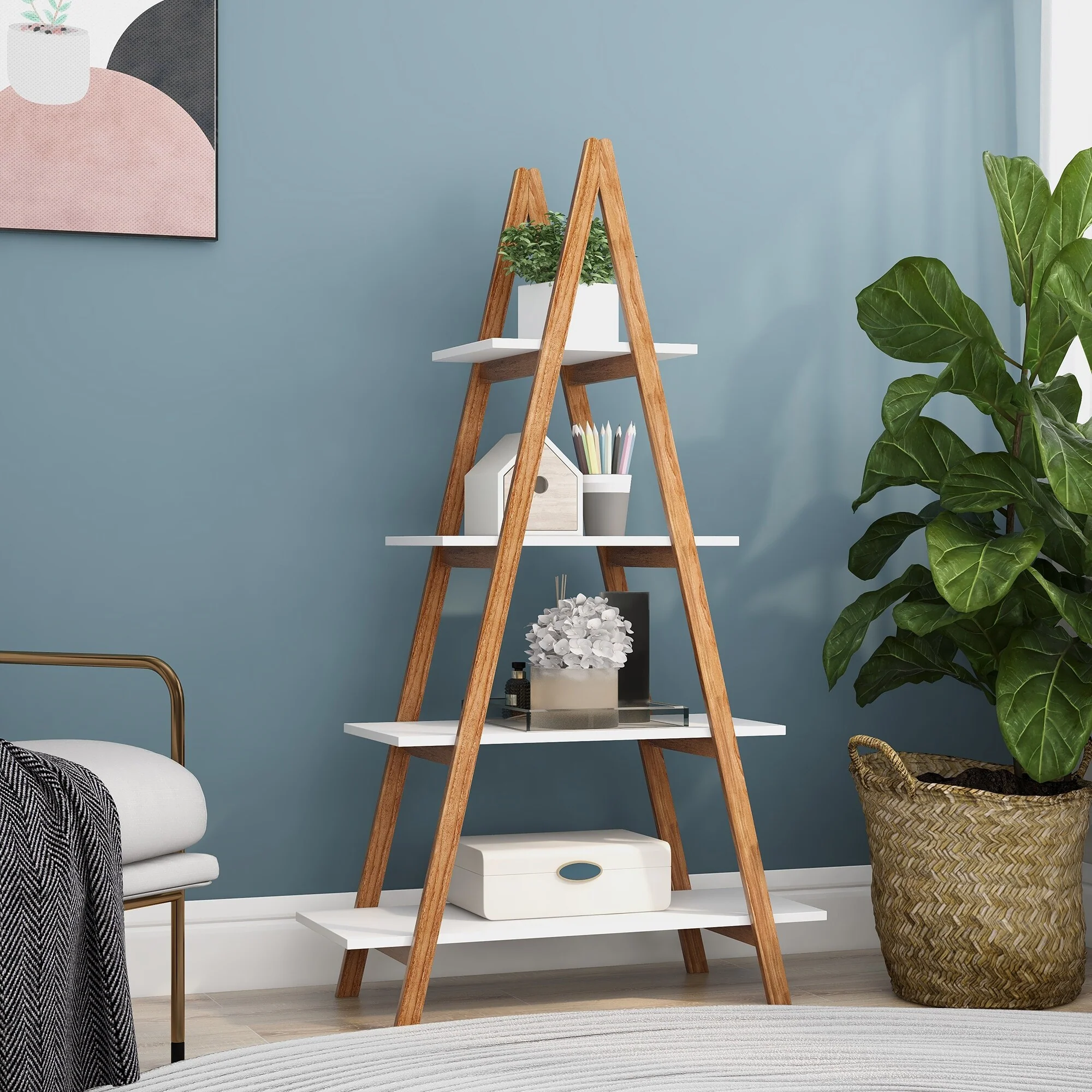 Solid bamboo wood oxford A frame ladder display bookshelf