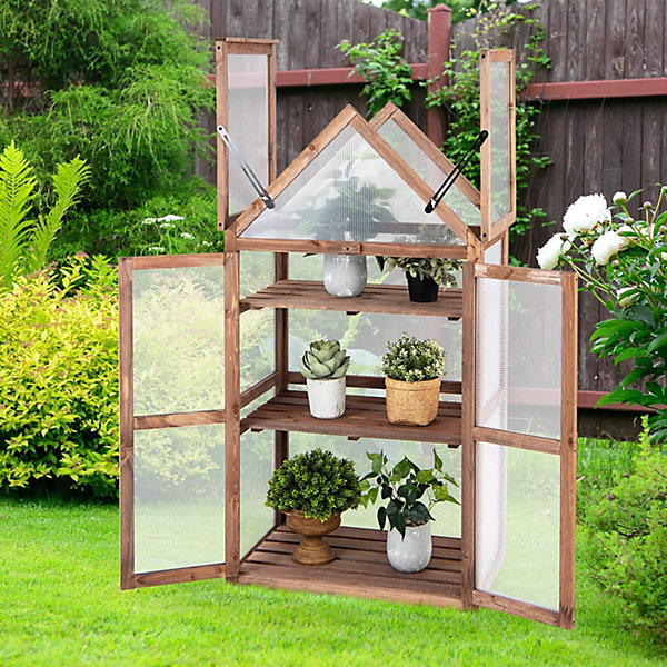 Mini Serre en Bois à encadrement Froid 68 cm x 41 cm x 133 cm- Toit Transparent ouvrable, Portes Doubles et étagères à 3 Niveaux