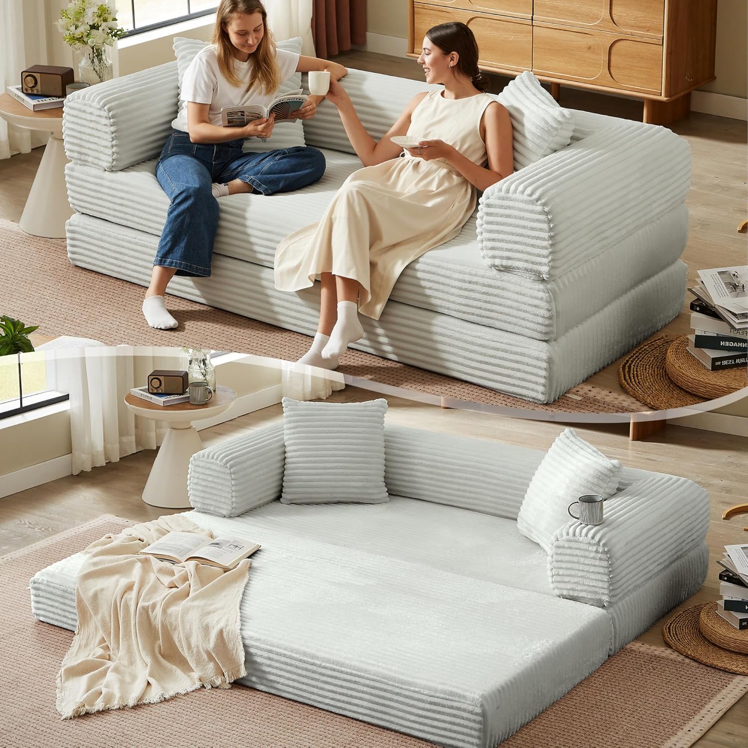 Boneless Couch Versatile Couches for Living Room No-Install Sofa Bed Corduroy Futon Soft Cloud Couch with Pillows for Bedroom Game Movie (Light Grey, 76)