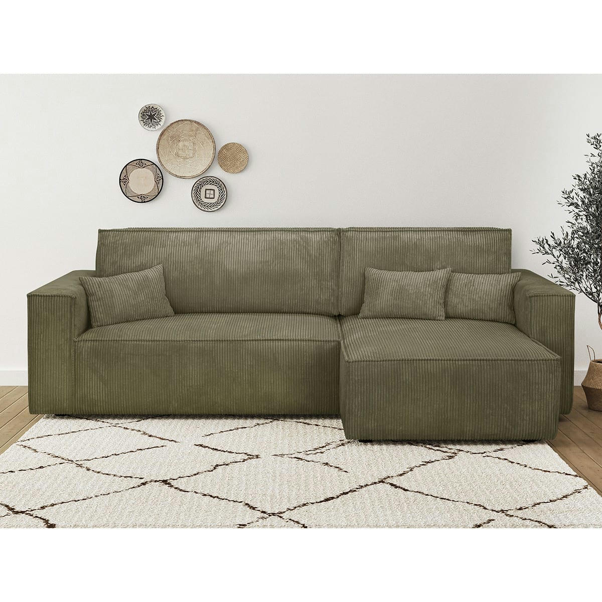 LIVIA - Canapé d'angle convertible 4 places en velours côtelé vert kaki